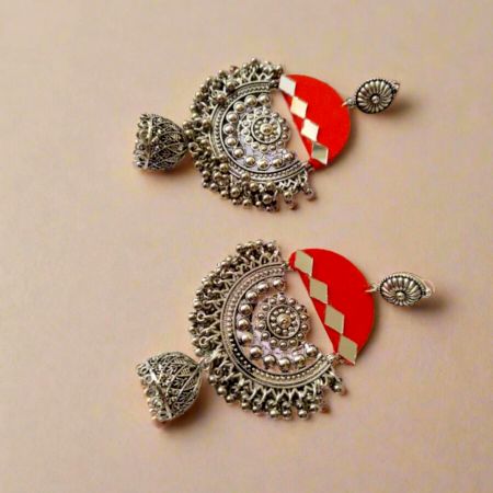 Pink Oxidized Mirror Heavy Jhumka